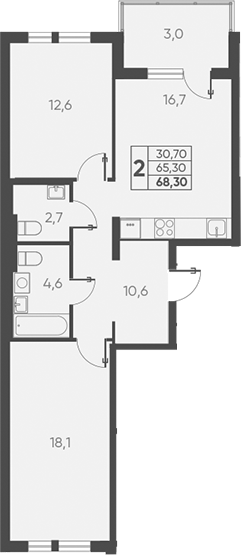 2-комн., 65.3 м², 5/15 этаж, ЖК «Барса»