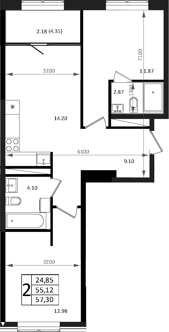 3-комн., 55.34 м², 5/7 этаж, ЖК «Патрики»