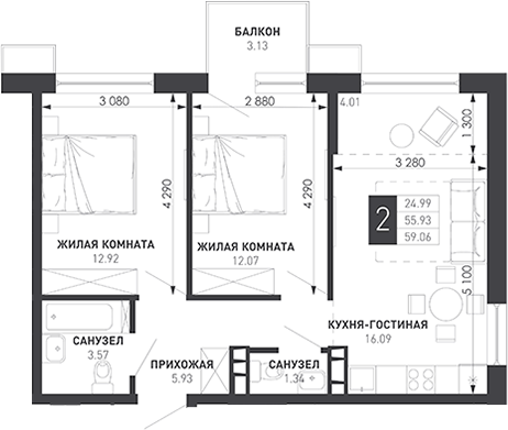 2-комн., 53.76 м², 9/9 этаж, ЖК «Иначе в Молодежном»