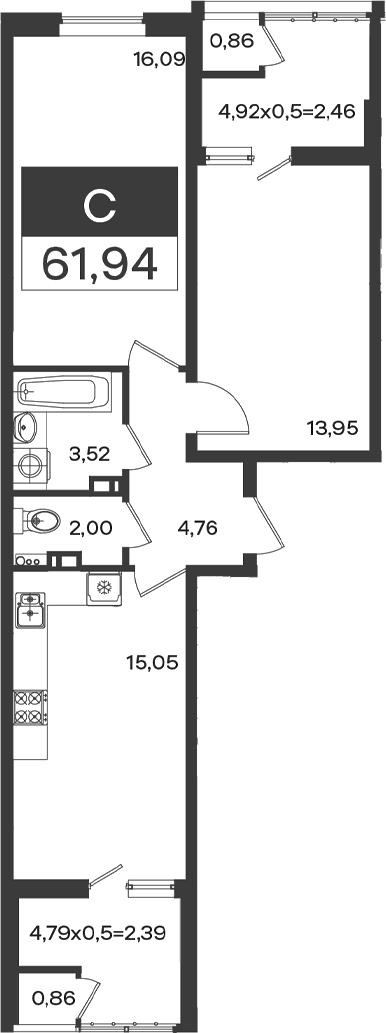 2-комн., 57.09 м², 7/18 этаж, ЖК «Образцово»