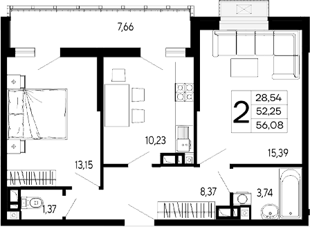2-комн., 52.25 м², 3/16 этаж, ЖК «Эпос»