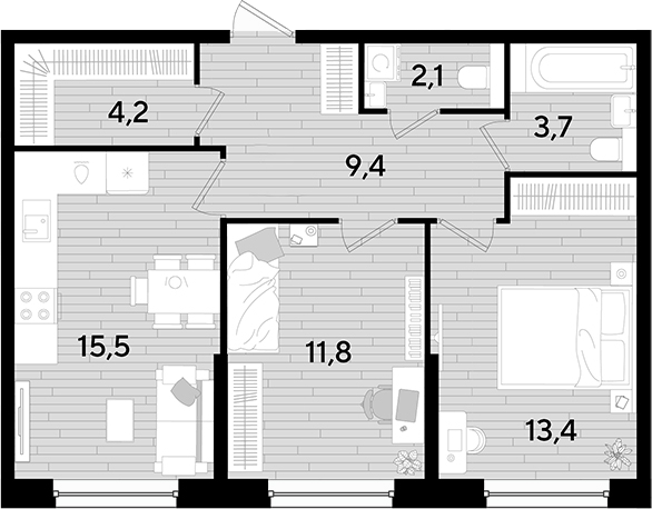 Продается 2-комн. квартира, 60.1 м²