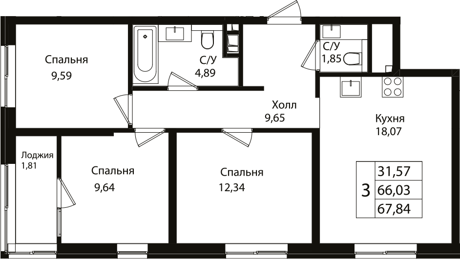 4+ комнаты, 65.44 м², 11/12 этаж, ЖК «Патрики»