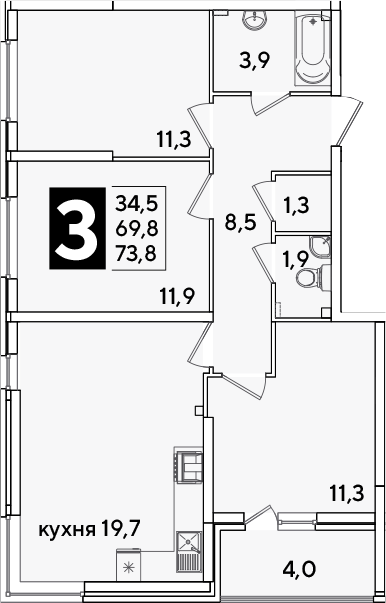 Продается 4-комн. квартира, 69.8 м²