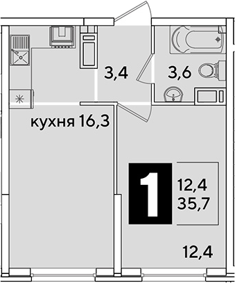 1-комн., 35.7 м², 10/16 этаж, ЖК «Самолет»