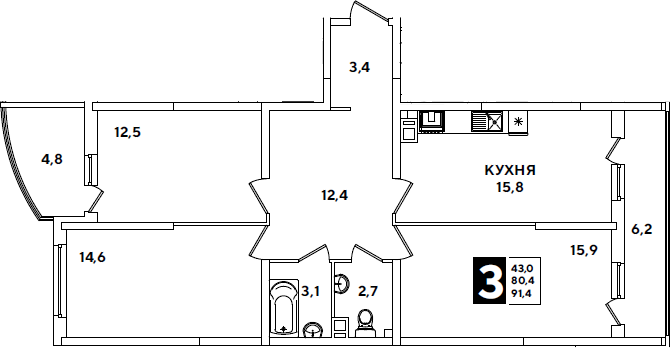 3-комн., 80.4 м², 3/16 этаж, ЖК «Самолет»