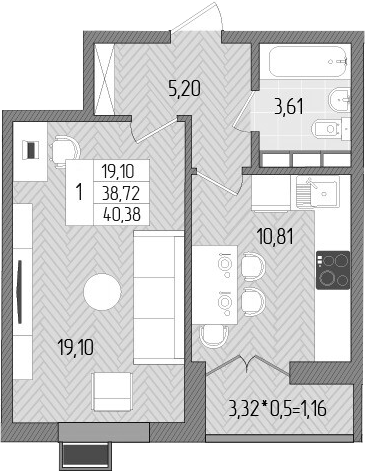 1-комн., 38.72 м², 5/8 этаж, ЖК «Сады у моря»