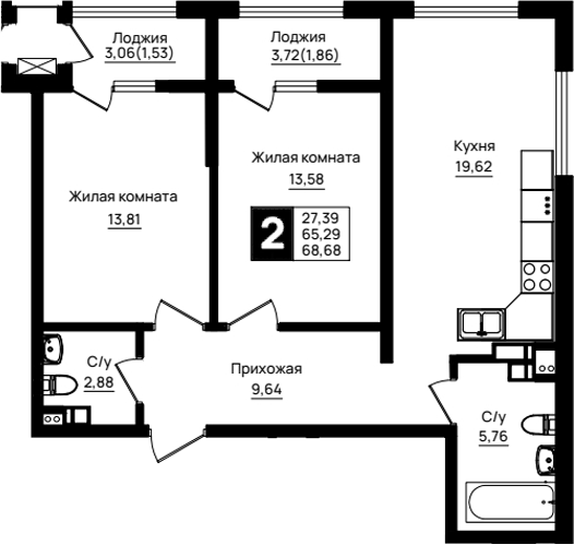 2-комн., 65.29 м², 2/18 этаж, ЖК «Резиденция морей»