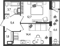 1-комн., 38 м², 22/24 этаж, ЖК «Рекорд»