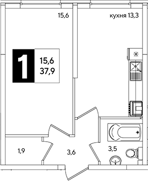 1-комн., 37.9 м², 1/16 этаж, ЖК «Самолет»