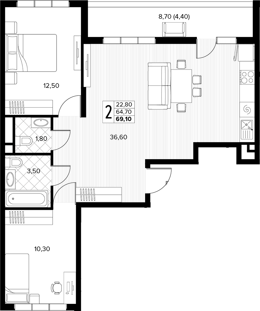 Продается 2-комн. квартира, 64.7 м²
