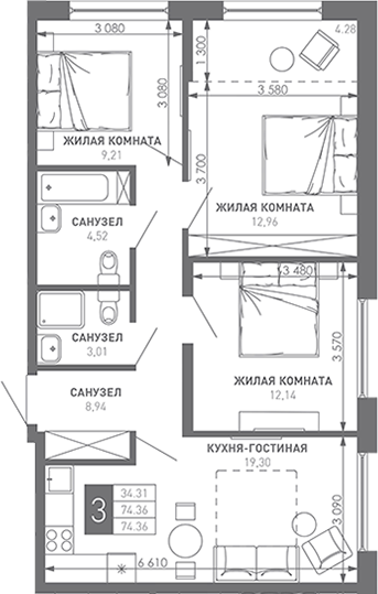 3-комн., 76.4 м², 4/9 этаж, ЖК «Иначе в Молодежном»