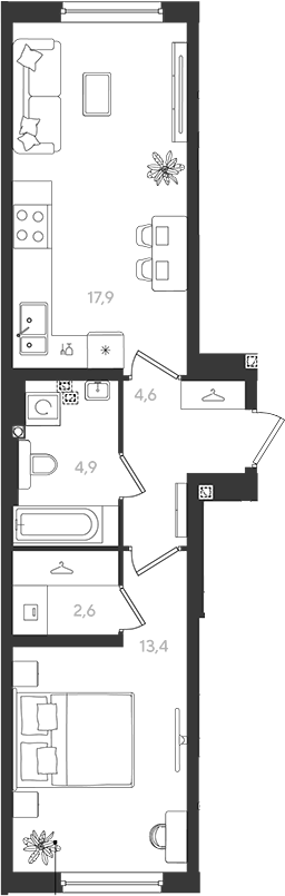 1-комн., 43.4 м², 2/18 этаж, ЖК «Самолет»