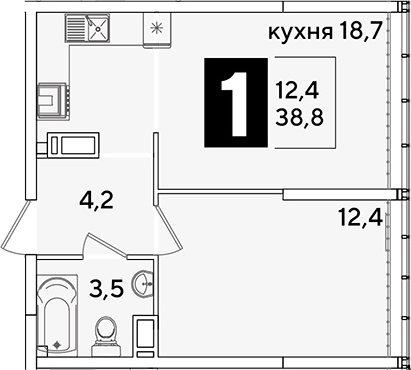 2-комн., 38.8 м², 15/16 этаж, ЖК «Самолет»