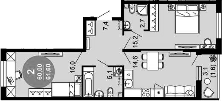 2-комн., 60 м², 1/12 этаж, ЖК «Флора»