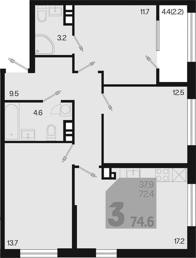 3-комн., 72.4 м², 6/9 этаж, ЖК «Первое место»
