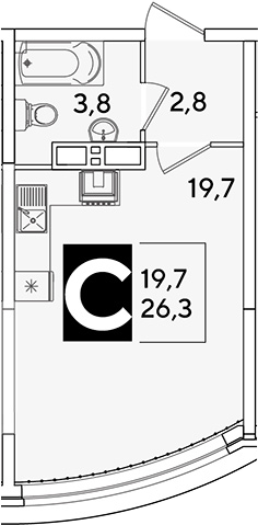 Студия, 26.3 м², 10/16 этаж, ЖК «Самолет»