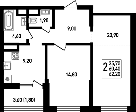 2-комн., 60.4 м², 5/8 этаж, ЖК «Югге»