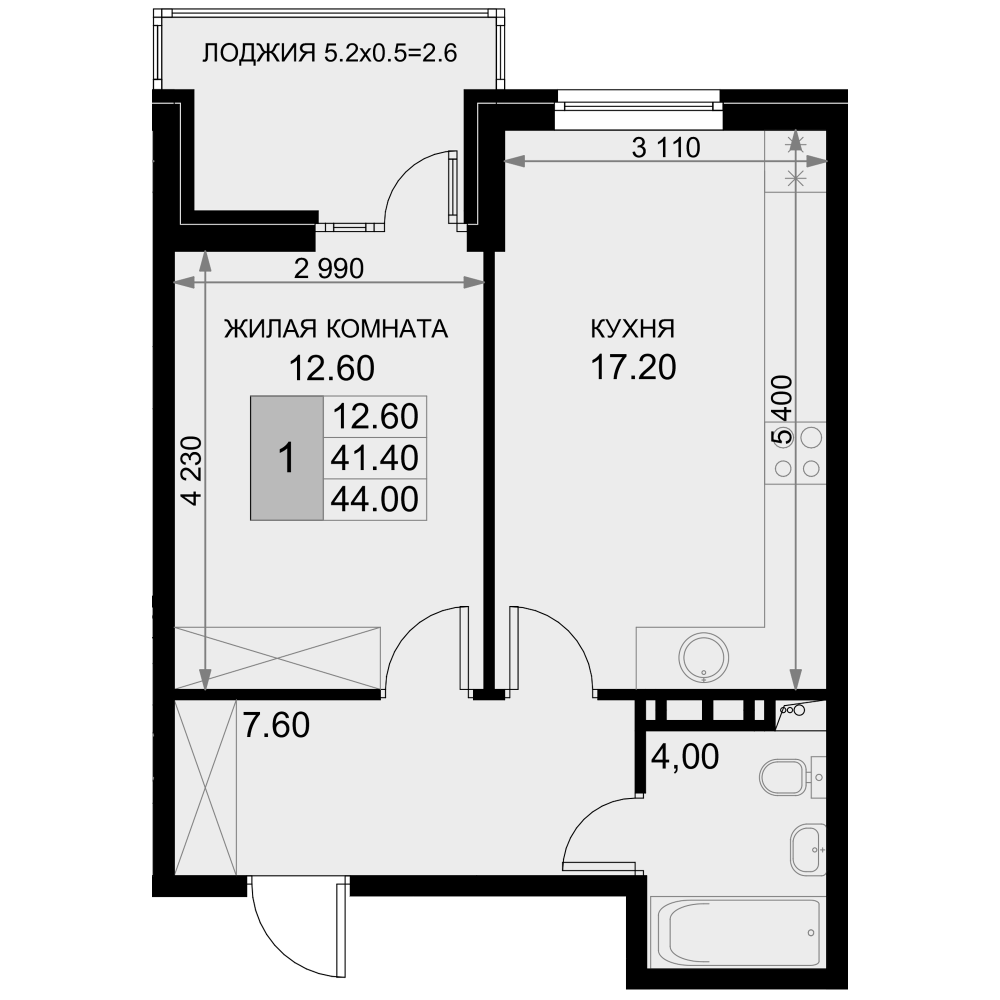 2-комн., 41.4 м², 7/7 этаж, ЖК «История»