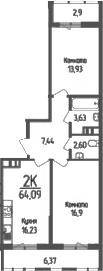 2-комн., 60.73 м², 1/9 этаж, ЖК «Кумир»