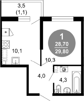 1-комн., 28.7 м², 1/17 этаж, ЖК «Лестория»