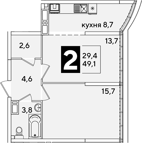 2-комн., 49.1 м², 16/16 этаж, ЖК «Самолет»