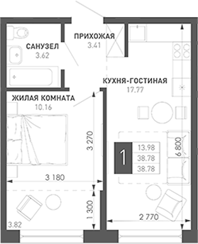 1-комн., 35.99 м², 2/9 этаж, ЖК «Иначе в Молодежном»