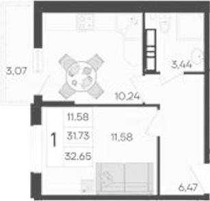 1-комн., 31.73 м², 9/9 этаж, ЖК «Дом 101»