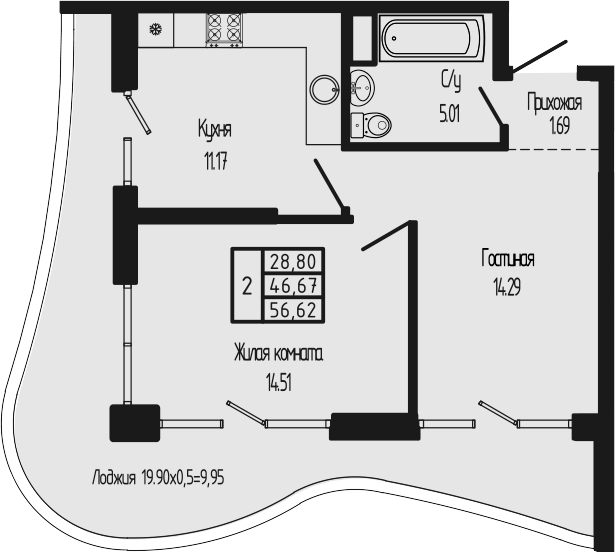 2-комн., 47.7 м², 2/12 этаж, ЖК «Sun Hills Ольгинка»