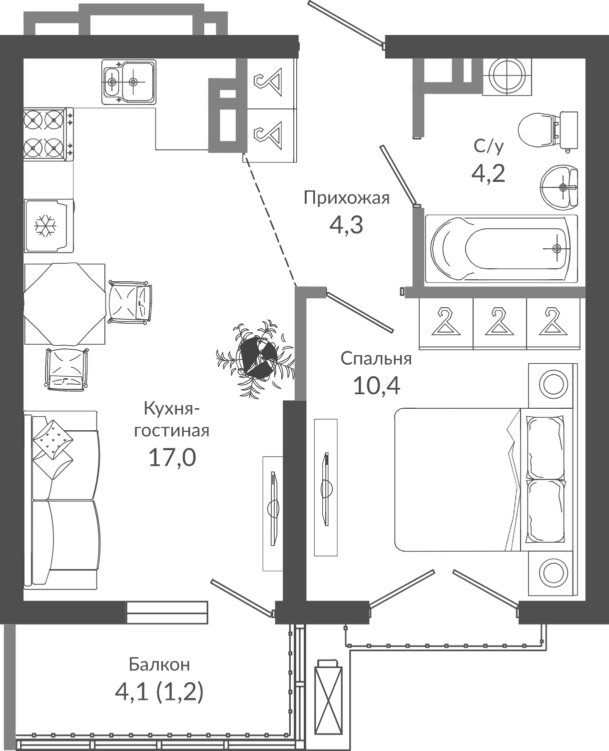 2-комн., 35.9 м², 12/12 этаж, ЖК «Флора»