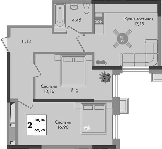 2-комн., 62.79 м², 2/9 этаж, ЖК «Зеленая территория»