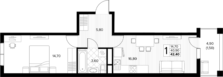 2-комн., 40.9 м², 5/7 этаж, ЖК «Кипарис»