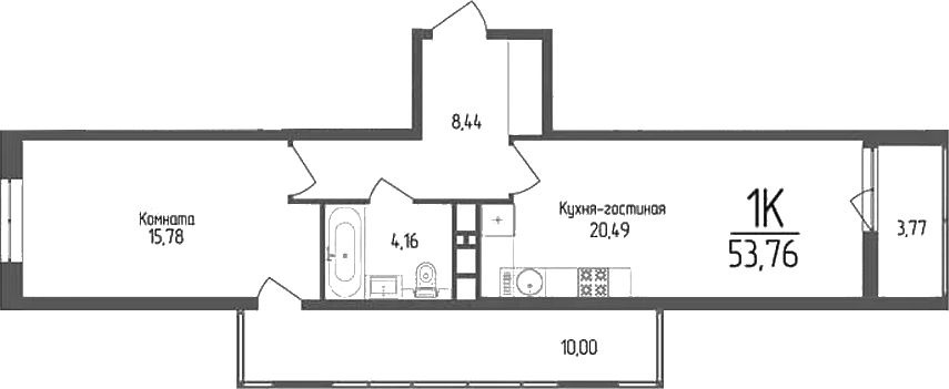 1-комн., 48.87 м², 16/18 этаж, ЖК «Кумир»