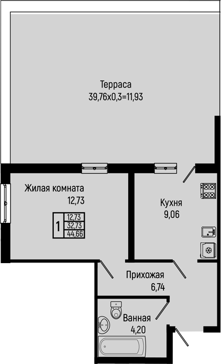 1-комн., 32.73 м², 2/16 этаж, ЖК «Sun Hills Ольгинка»
