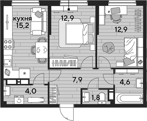 2-комн., 59.3 м², 13/16 этаж, ЖК «DОГМА ПАРК»
