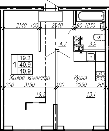 1-комн., 40.9 м², 1/4 этаж, ЖК «Эво»
