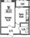 1-комн., 37.24 м², 9/9 этаж, ЖК «Кумир»