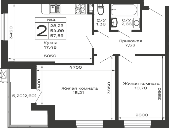 2-комн., 54.99 м², 2/13 этаж, ЖК «Долина»