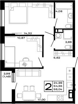 2-комн., 54.55 м², 9/16 этаж, ЖК «Горные высоты»