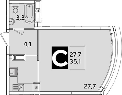 Студия, 35.1 м², 10/16 этаж, ЖК «Самолет»