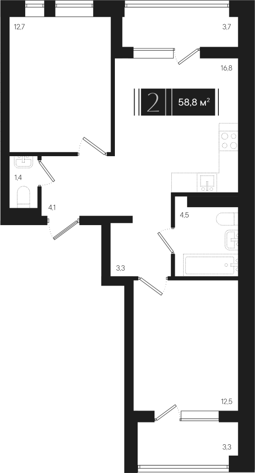 2-комн., 55.3 м², 6/9 этаж, ЖК «Эрмитаж»