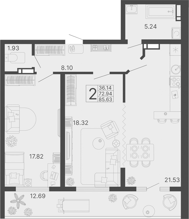 2-комн., 72.94 м², 14/20 этаж, ЖК «Светский лес»