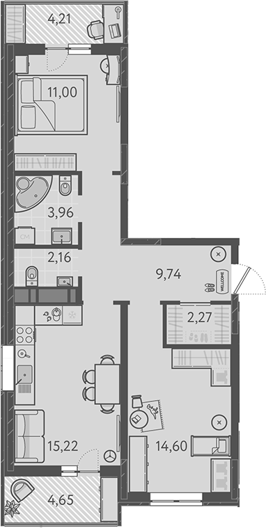 3-комн., 58.95 м², 6/9 этаж, ЖК «Теплые края»