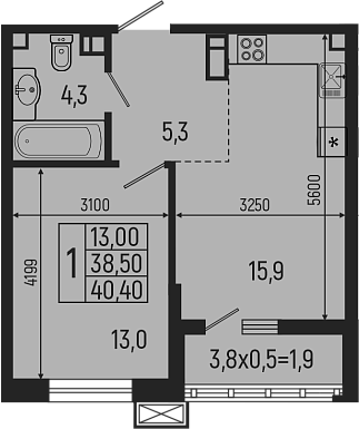 2-комн., 38.5 м², 7/7 этаж, ЖК «Звезды»
