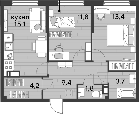 2-комн., 59.4 м², 13/16 этаж, ЖК «DОГМА ПАРК»