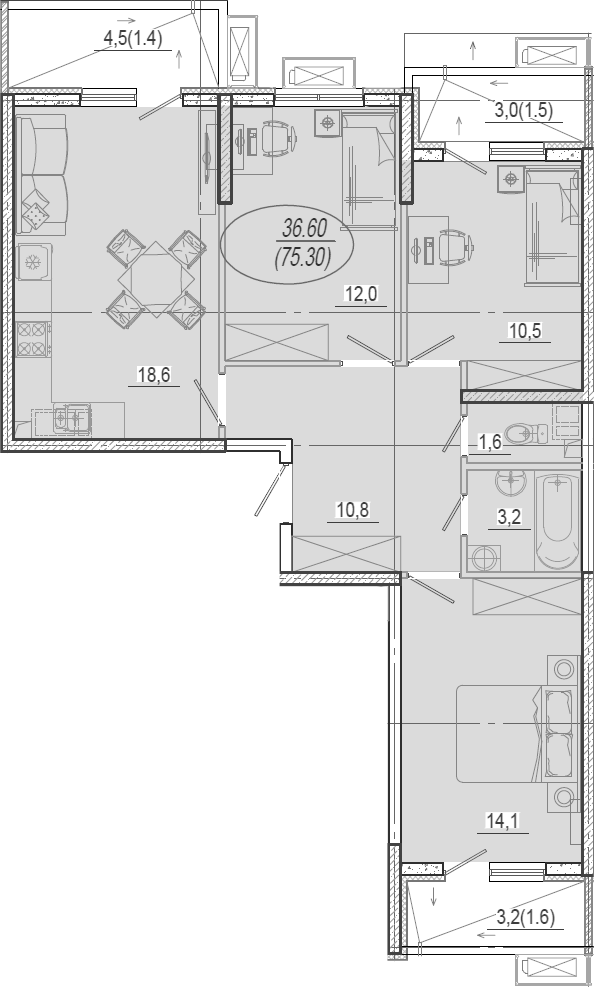 4+ комнаты, 70.8 м², 2/12 этаж, ЖК «Микрорайон Южане»