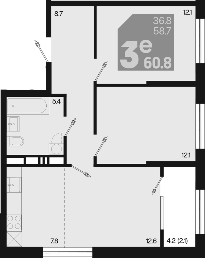 3-комн., 58.7 м², 4/18 этаж, ЖК «Первое место»