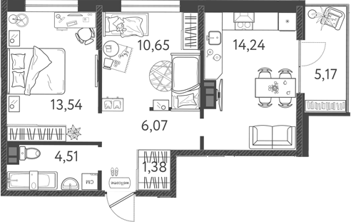 3-комн., 50.39 м², 8/9 этаж, ЖК «Друзья»