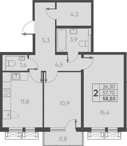 2-комн., 57.7 м², 7/24 этаж, ЖК «Барса»
