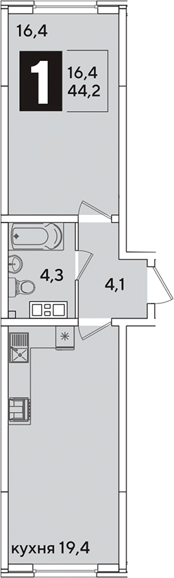 2-комн., 44.2 м², 5/16 этаж, ЖК «Самолет»